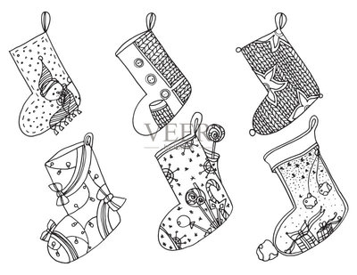 一套圣誕襪。矢量程式化的冬天襪子的集合。一整套裝飾圣誕絲襪。手工繪制的黑色和白色。涂鴉藝術矢量圖素材下載 - Veer圖庫